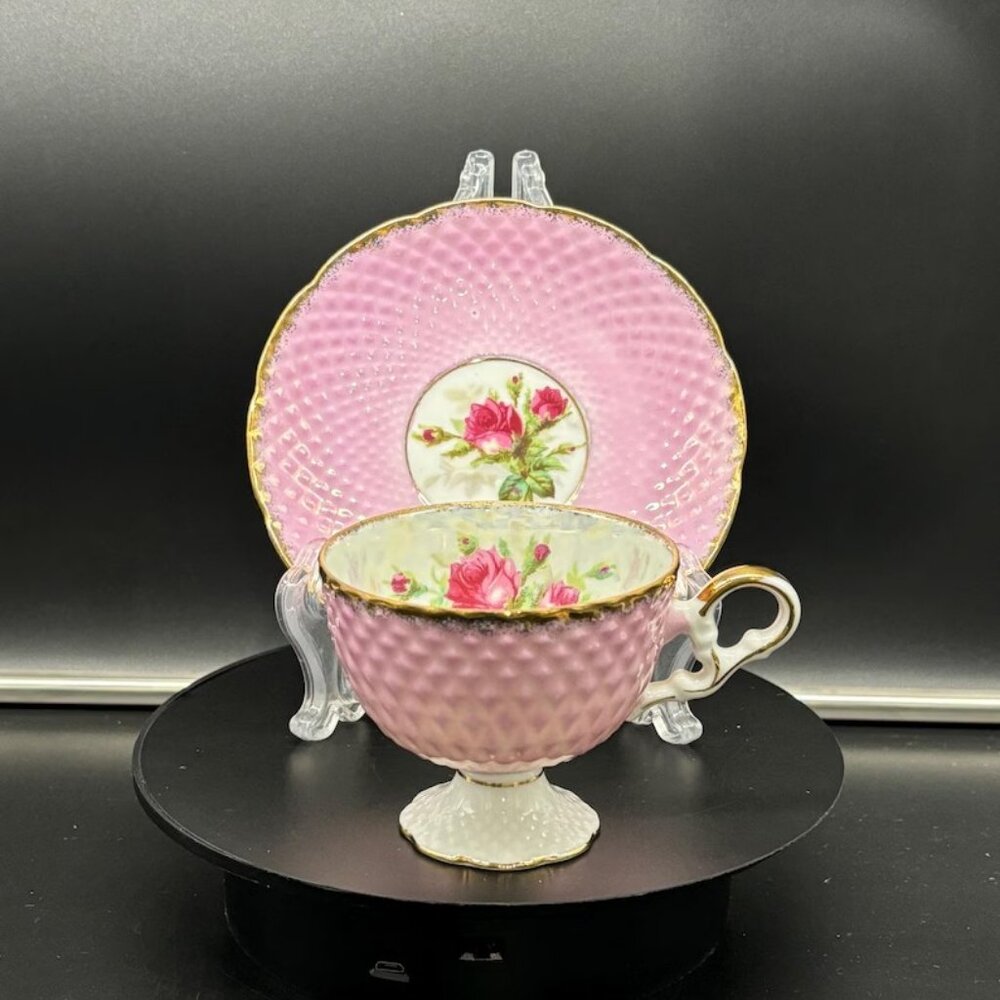 Vintage 1940's Cherry China Japan Teacup and Saucer Rose Pink Floral Gilded